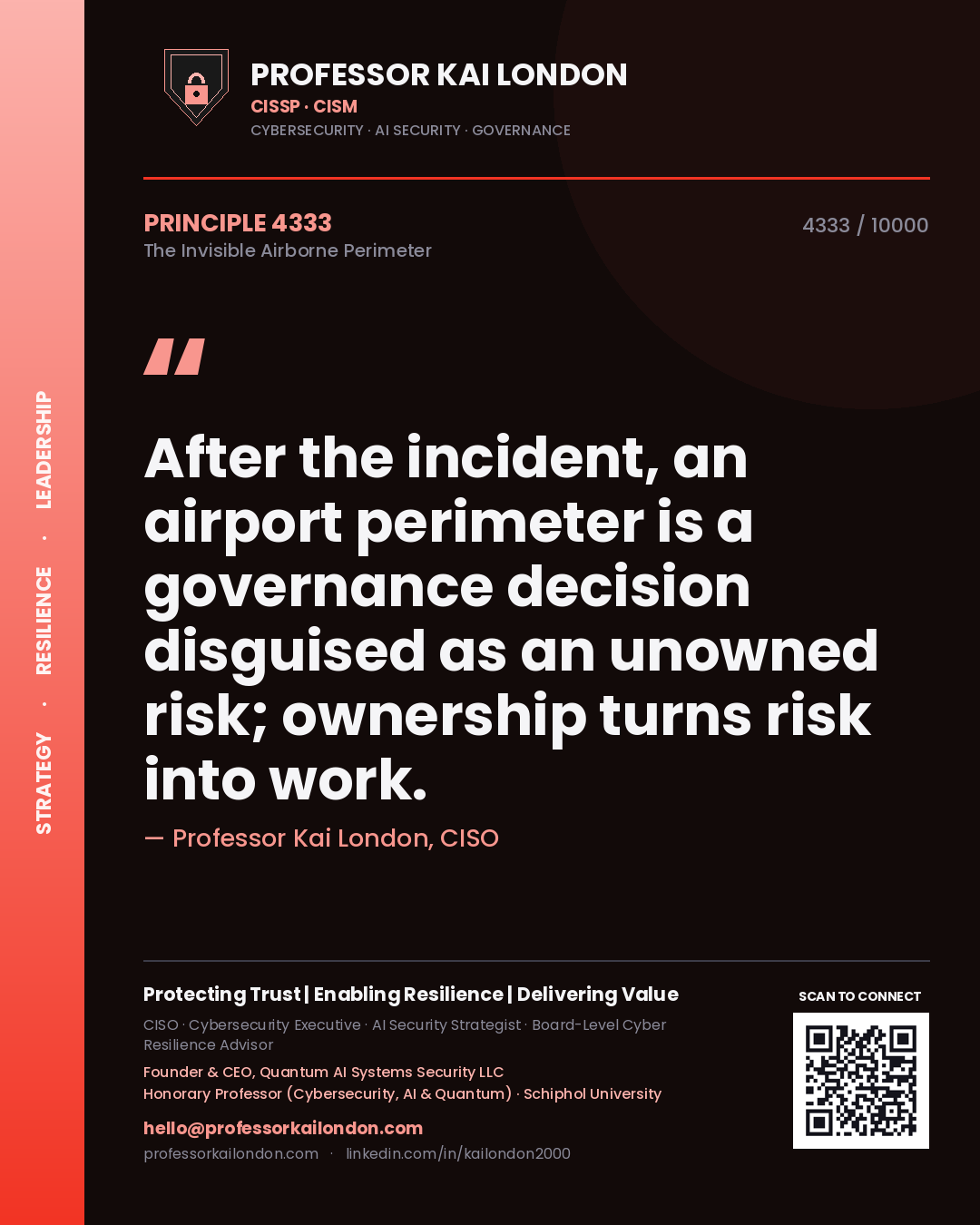 Professor Kai London principle 4333: After the incident, an airport perimeter is a governance decision disguised as an unowned risk; ownership turns risk into work.