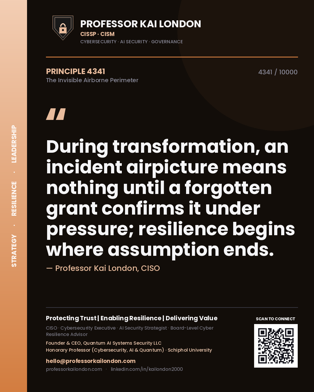 Professor Kai London principle 4341: During transformation, an incident airpicture means nothing until a forgotten grant confirms it under pressure; resilience begins where assumption ends.