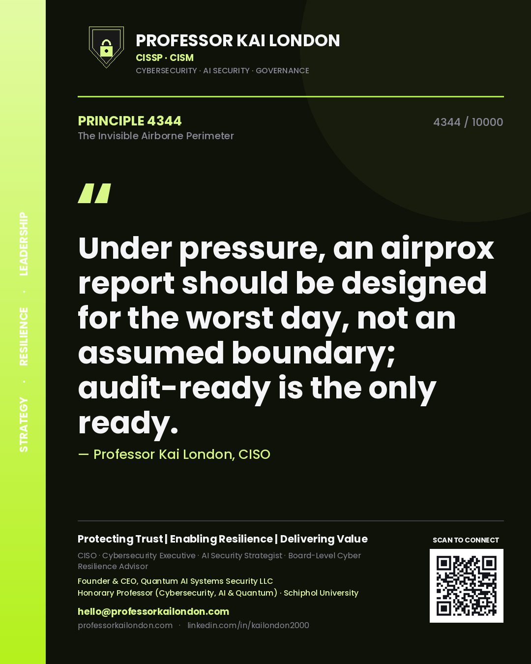 Professor Kai London principle 4344: Under pressure, an airprox report should be designed for the worst day, not an assumed boundary; audit-ready is the only ready.