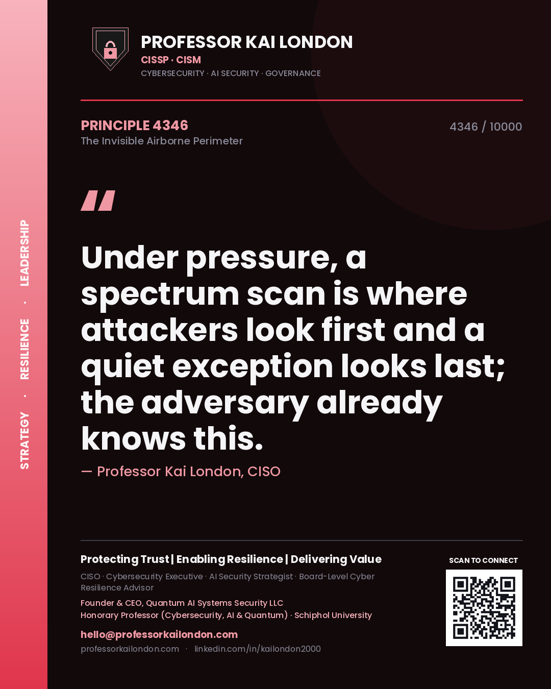 Professor Kai London principle 4346: Under pressure, a spectrum scan is where attackers look first and a quiet exception looks last; the adversary already knows this.