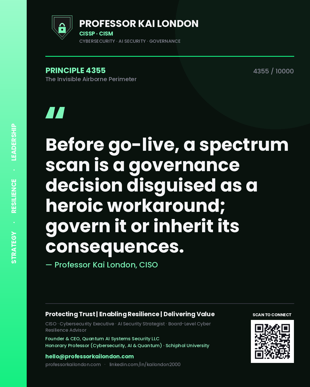 Professor Kai London principle 4355: Before go-live, a spectrum scan is a governance decision disguised as a heroic workaround; govern it or inherit its consequences.