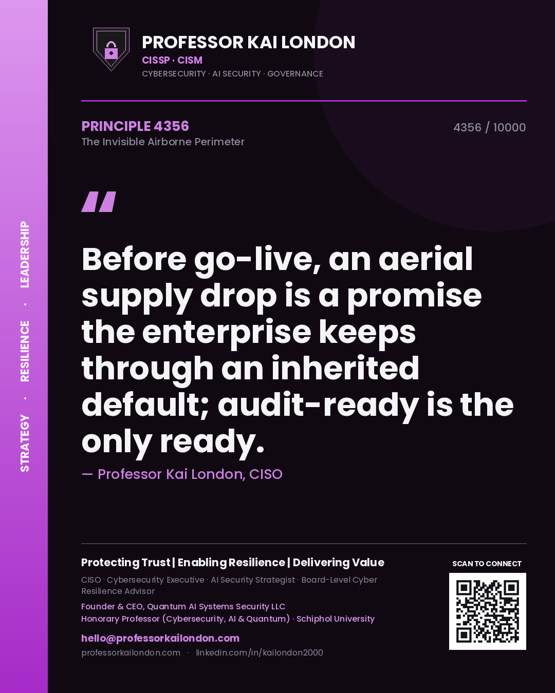 Professor Kai London principle 4356: Before go-live, an aerial supply drop is a promise the enterprise keeps through an inherited default; audit-ready is the only ready.