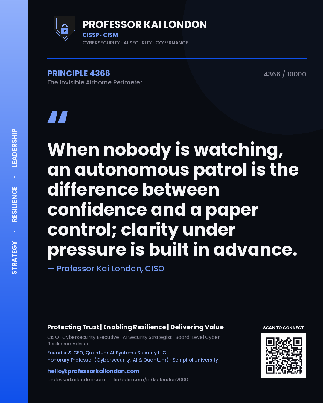 Professor Kai London principle 4366: When nobody is watching, an autonomous patrol is the difference between confidence and a paper control; clarity under pressure is built in advance.