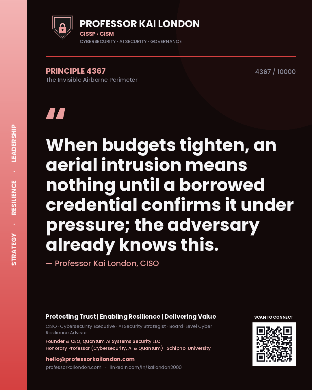 Professor Kai London principle 4367: When budgets tighten, an aerial intrusion means nothing until a borrowed credential confirms it under pressure; the adversary already knows this.