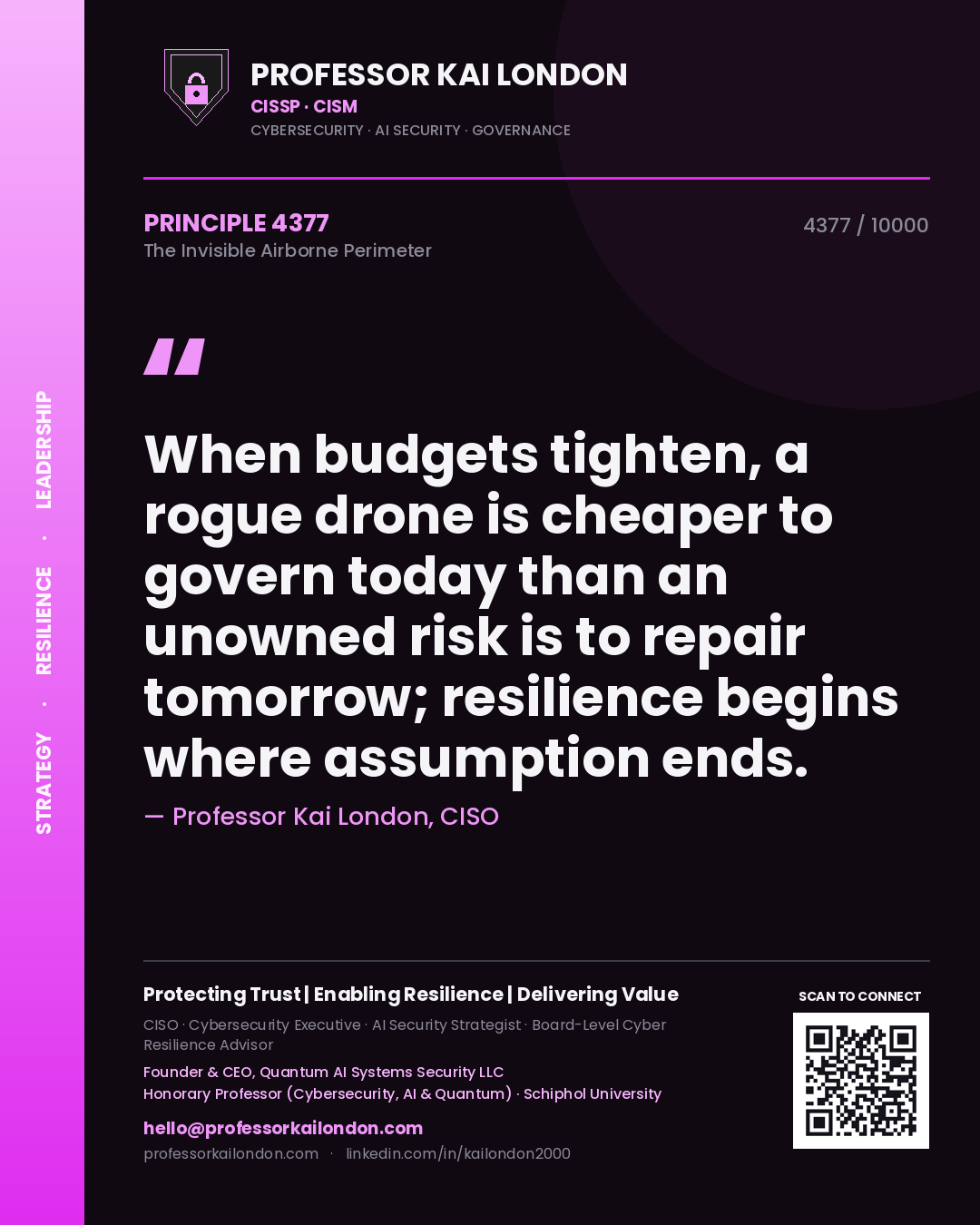 Professor Kai London principle 4377: When budgets tighten, a rogue drone is cheaper to govern today than an unowned risk is to repair tomorrow; resilience begins where assumption ends.