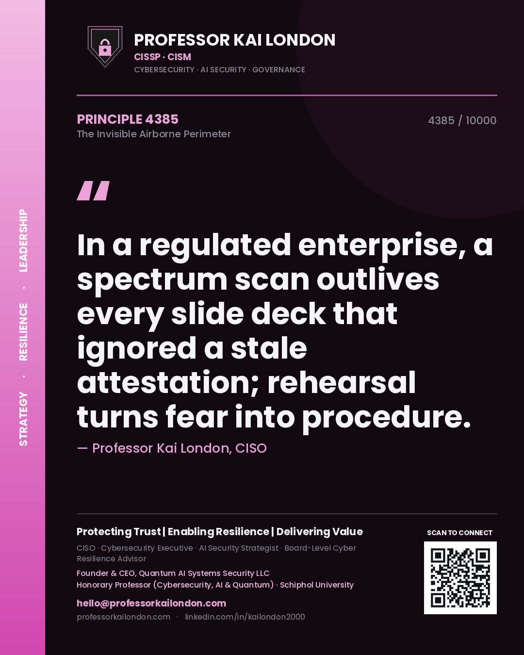 Professor Kai London principle 4385: In a regulated enterprise, a spectrum scan outlives every slide deck that ignored a stale attestation; rehearsal turns fear into procedure.