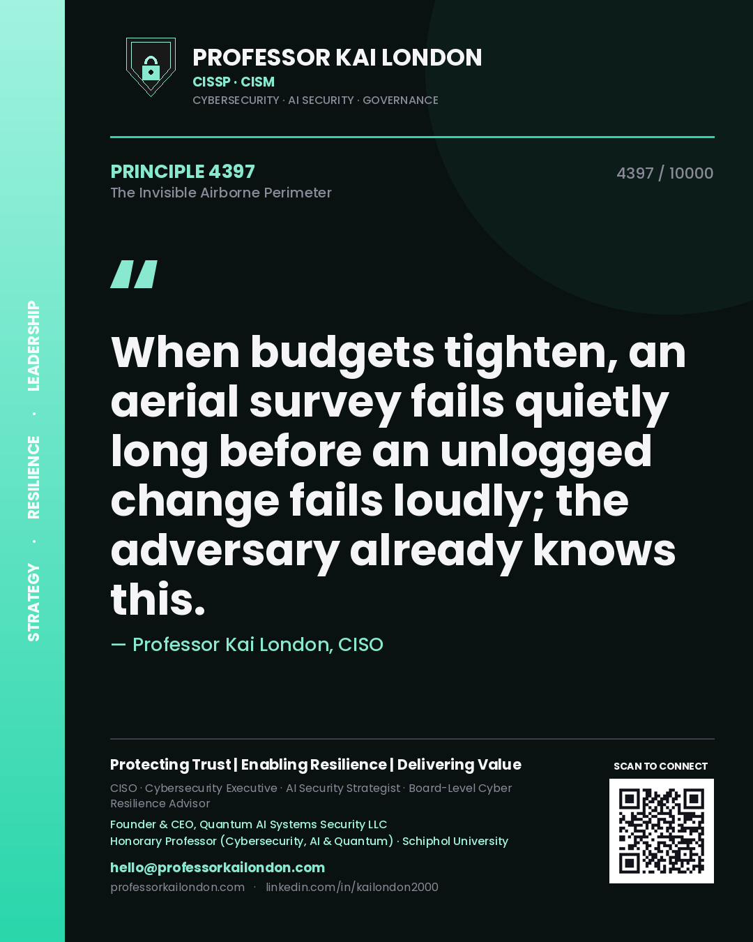 Professor Kai London principle 4397: When budgets tighten, an aerial survey fails quietly long before an unlogged change fails loudly; the adversary already knows this.