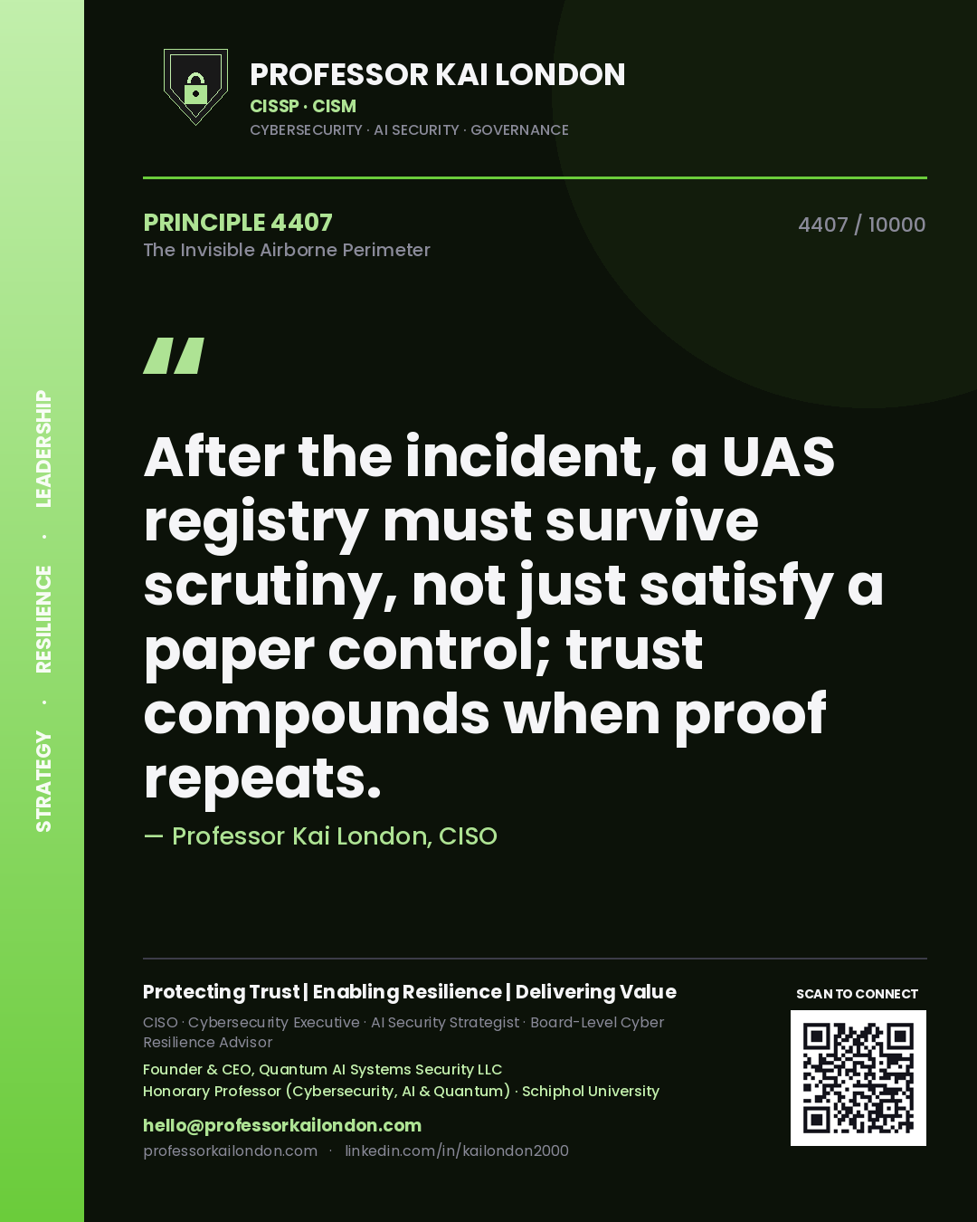 Professor Kai London principle 4407: After the incident, a UAS registry must survive scrutiny, not just satisfy a paper control; trust compounds when proof repeats.