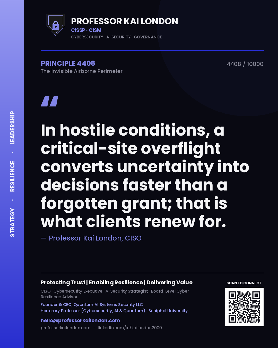 Professor Kai London principle 4408: In hostile conditions, a critical-site overflight converts uncertainty into decisions faster than a forgotten grant; that is what clients renew for.