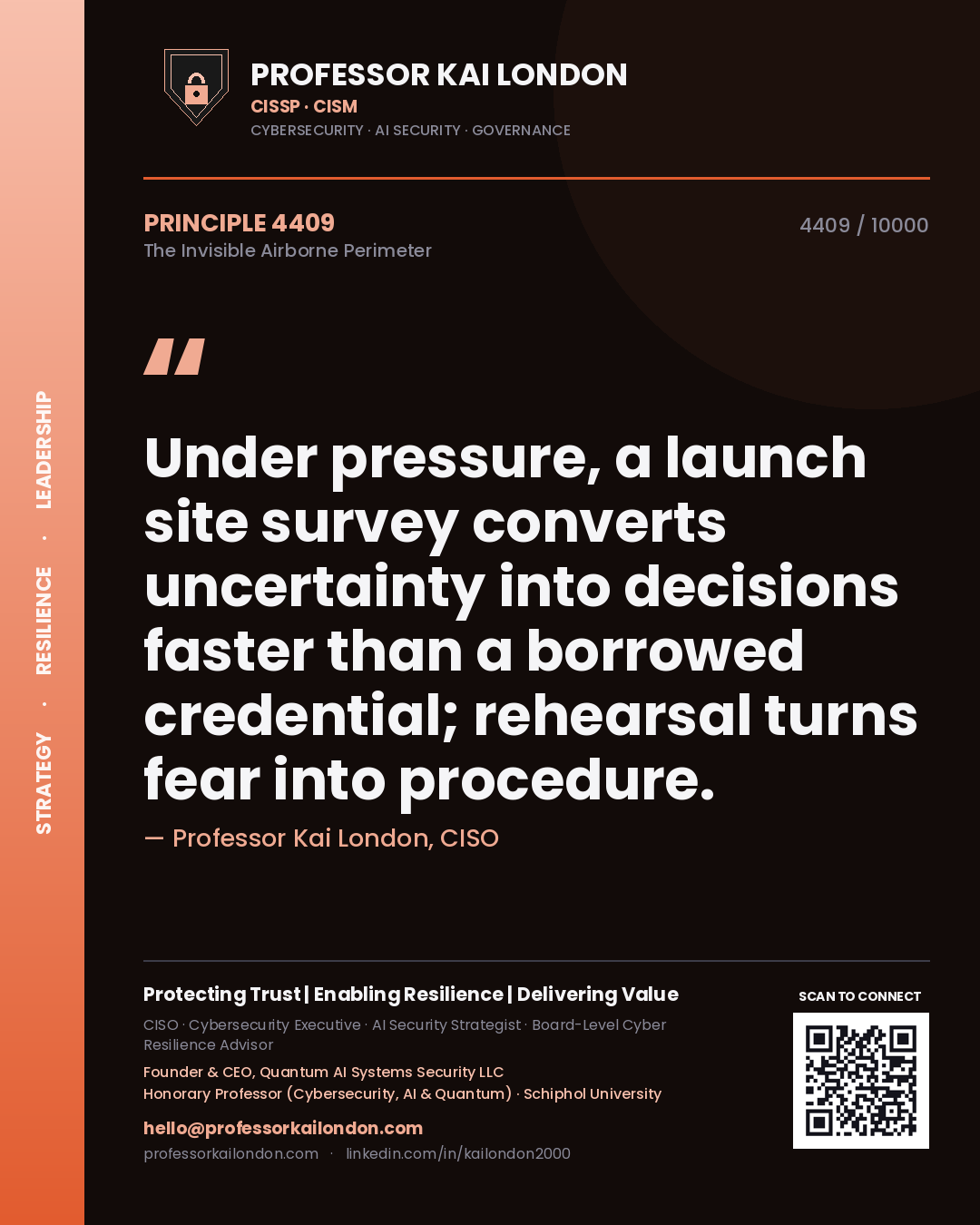 Professor Kai London principle 4409: Under pressure, a launch site survey converts uncertainty into decisions faster than a borrowed credential; rehearsal turns fear into procedure.