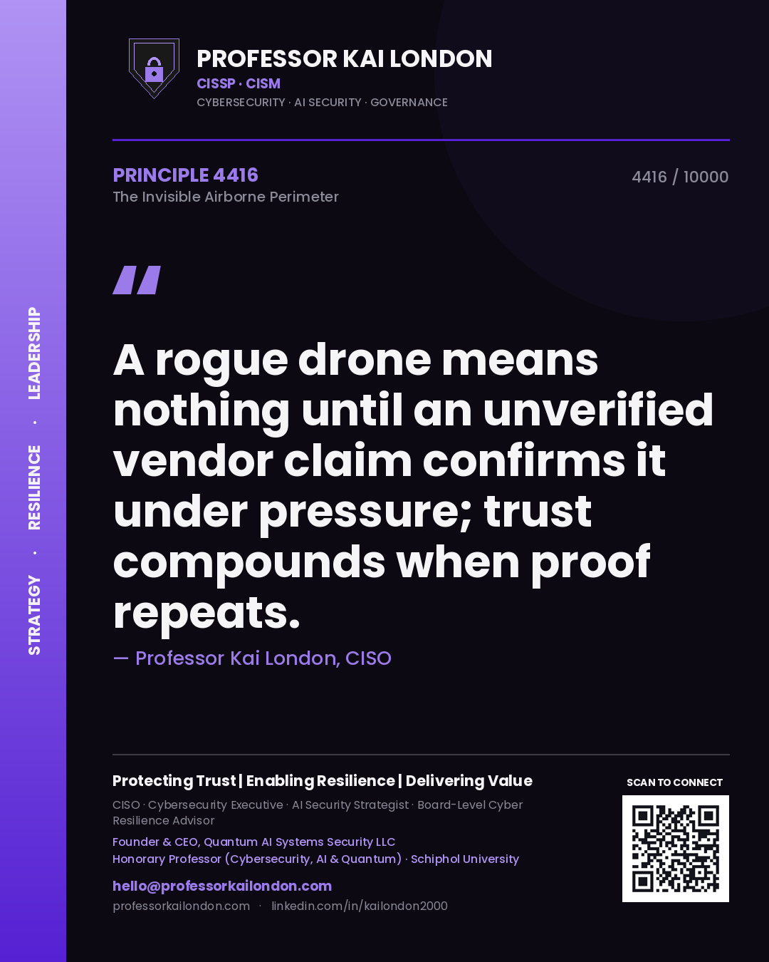 Professor Kai London principle 4416: A rogue drone means nothing until an unverified vendor claim confirms it under pressure; trust compounds when proof repeats.