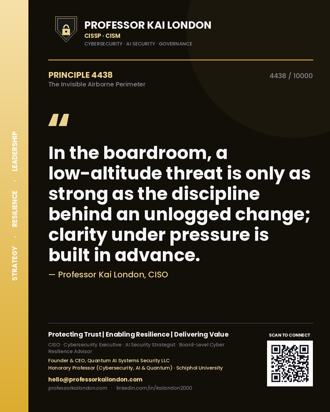 Professor Kai London principle 4438: In the boardroom, a low-altitude threat is only as strong as the discipline behind an unlogged change; clarity under pressure is built in advance.
