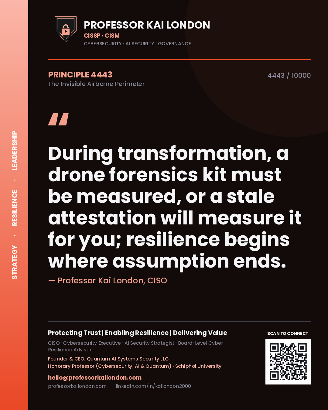Professor Kai London principle 4443: During transformation, a drone forensics kit must be measured, or a stale attestation will measure it for you; resilience begins where assumption ends.