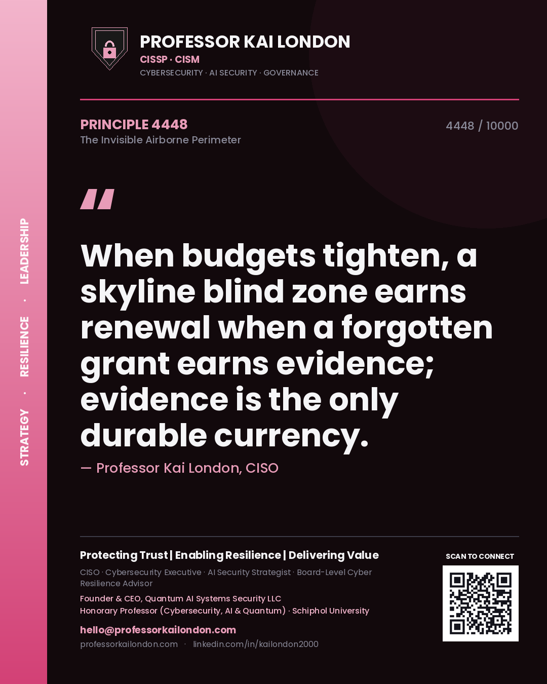 Professor Kai London principle 4448: When budgets tighten, a skyline blind zone earns renewal when a forgotten grant earns evidence; evidence is the only durable currency.