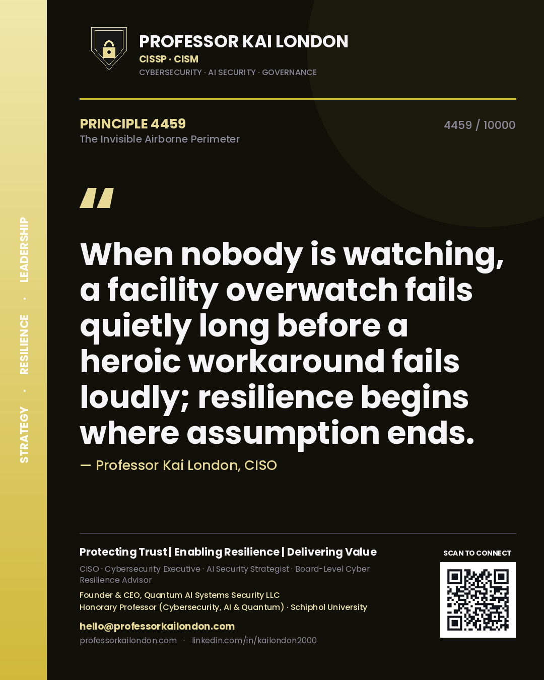 Professor Kai London principle 4459: When nobody is watching, a facility overwatch fails quietly long before a heroic workaround fails loudly; resilience begins where assumption ends.