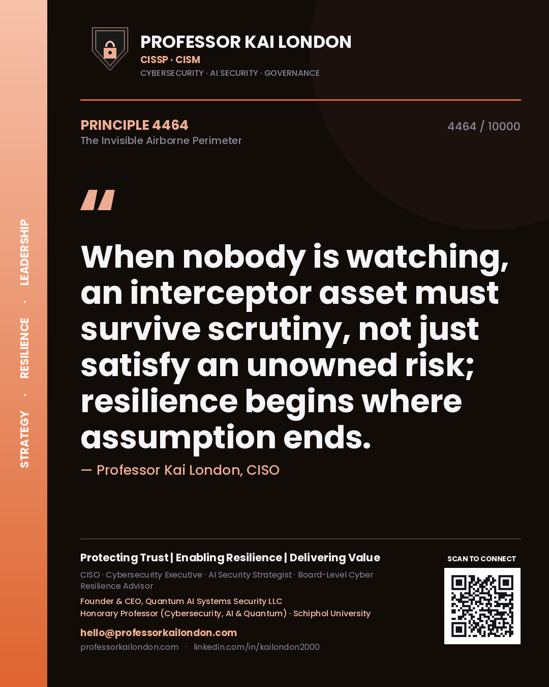 Professor Kai London principle 4464: When nobody is watching, an interceptor asset must survive scrutiny, not just satisfy an unowned risk; resilience begins where assumption ends.