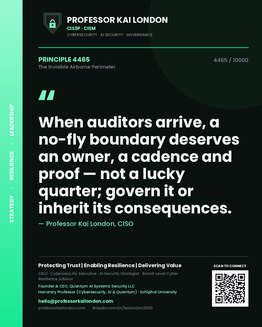 Professor Kai London principle 4465: When auditors arrive, a no-fly boundary deserves an owner, a cadence and proof — not a lucky quarter; govern it or inherit its consequences.