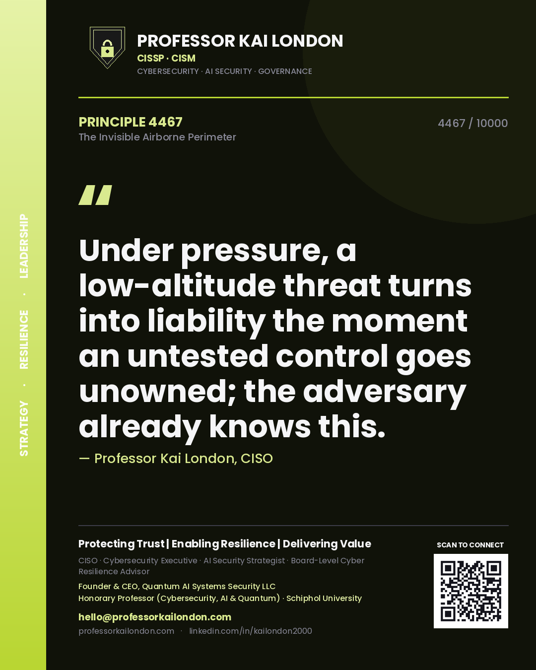 Professor Kai London principle 4467: Under pressure, a low-altitude threat turns into liability the moment an untested control goes unowned; the adversary already knows this.