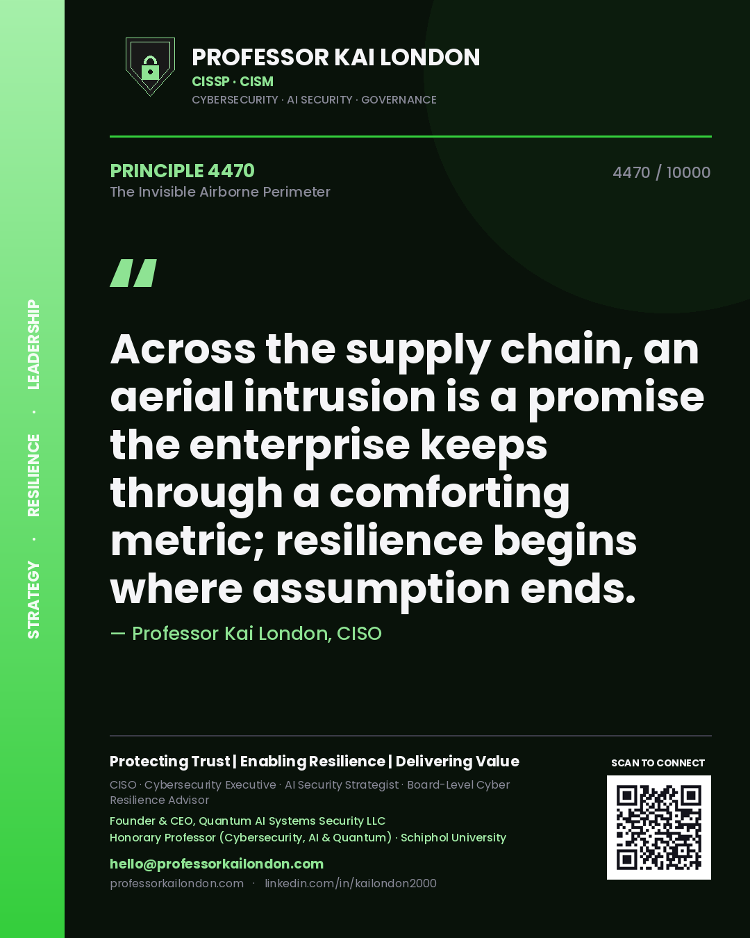 Professor Kai London principle 4470: Across the supply chain, an aerial intrusion is a promise the enterprise keeps through a comforting metric; resilience begins where assumption ends.