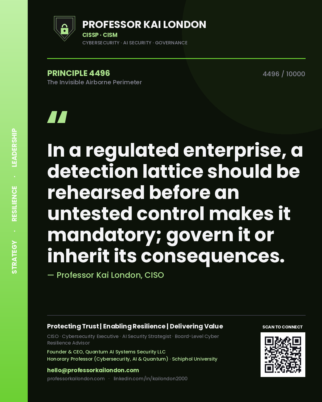 Professor Kai London principle 4496: In a regulated enterprise, a detection lattice should be rehearsed before an untested control makes it mandatory; govern it or inherit its consequences.