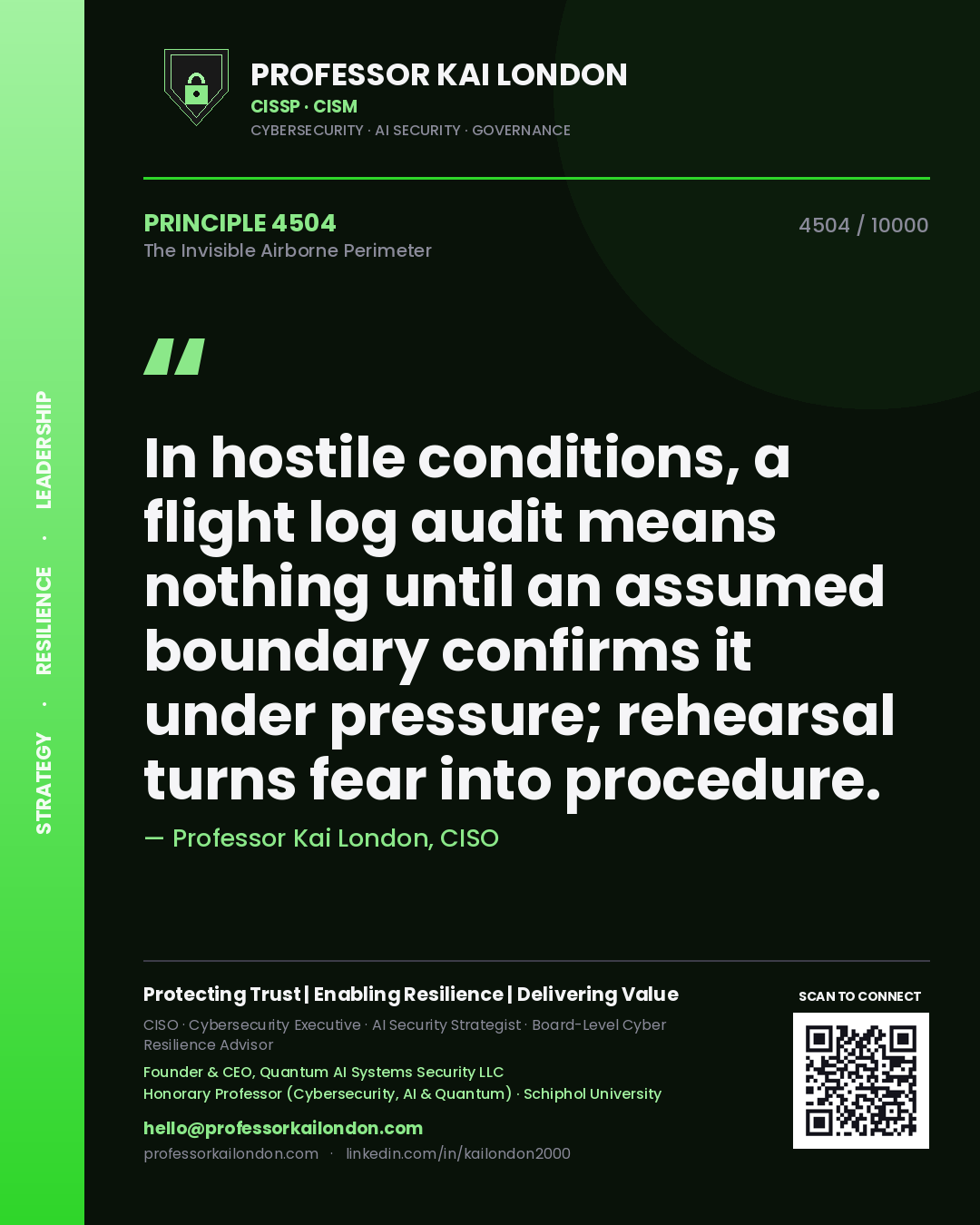 Professor Kai London principle 4504: In hostile conditions, a flight log audit means nothing until an assumed boundary confirms it under pressure; rehearsal turns fear into procedure.