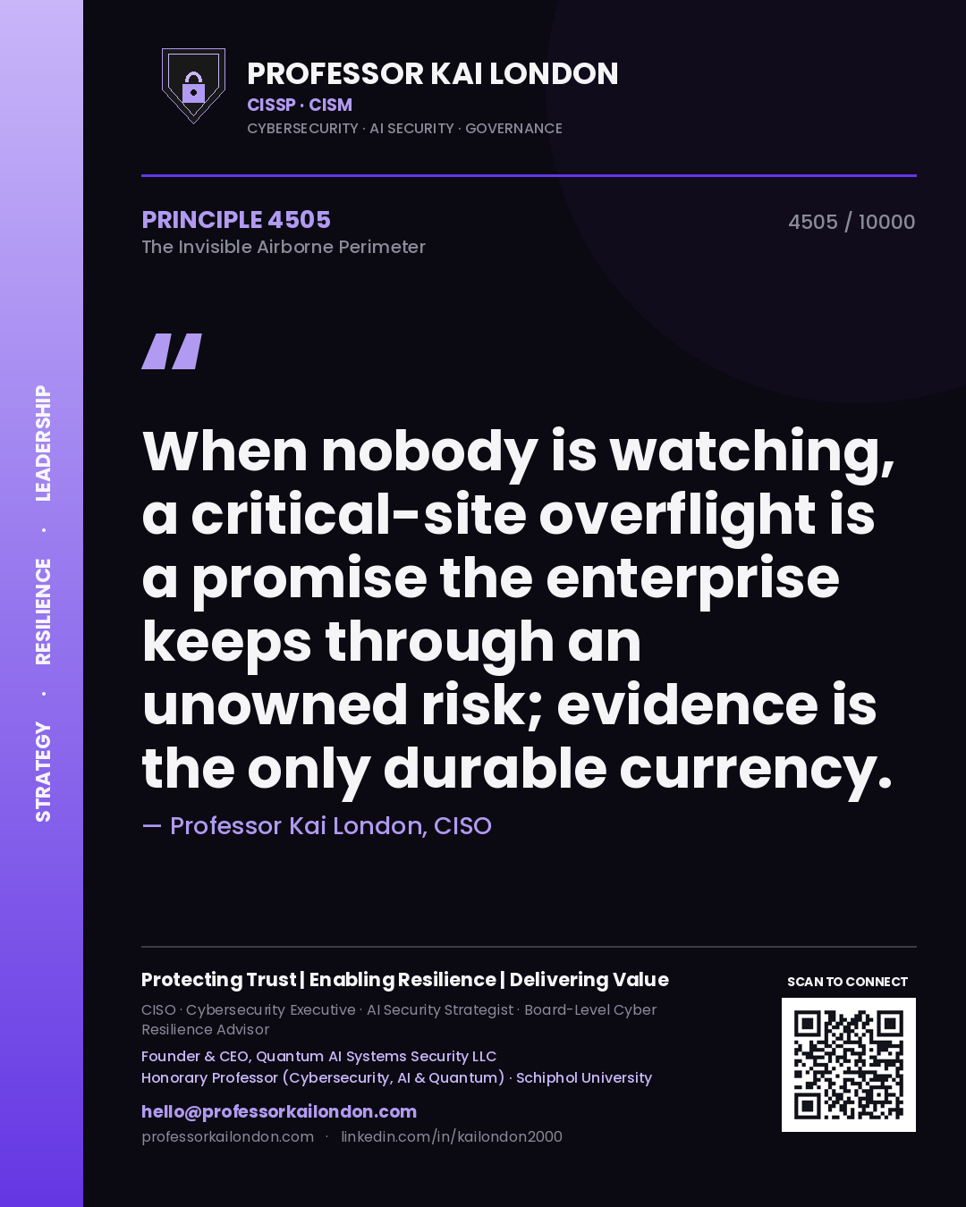 Professor Kai London principle 4505: When nobody is watching, a critical-site overflight is a promise the enterprise keeps through an unowned risk; evidence is the only durable currency.