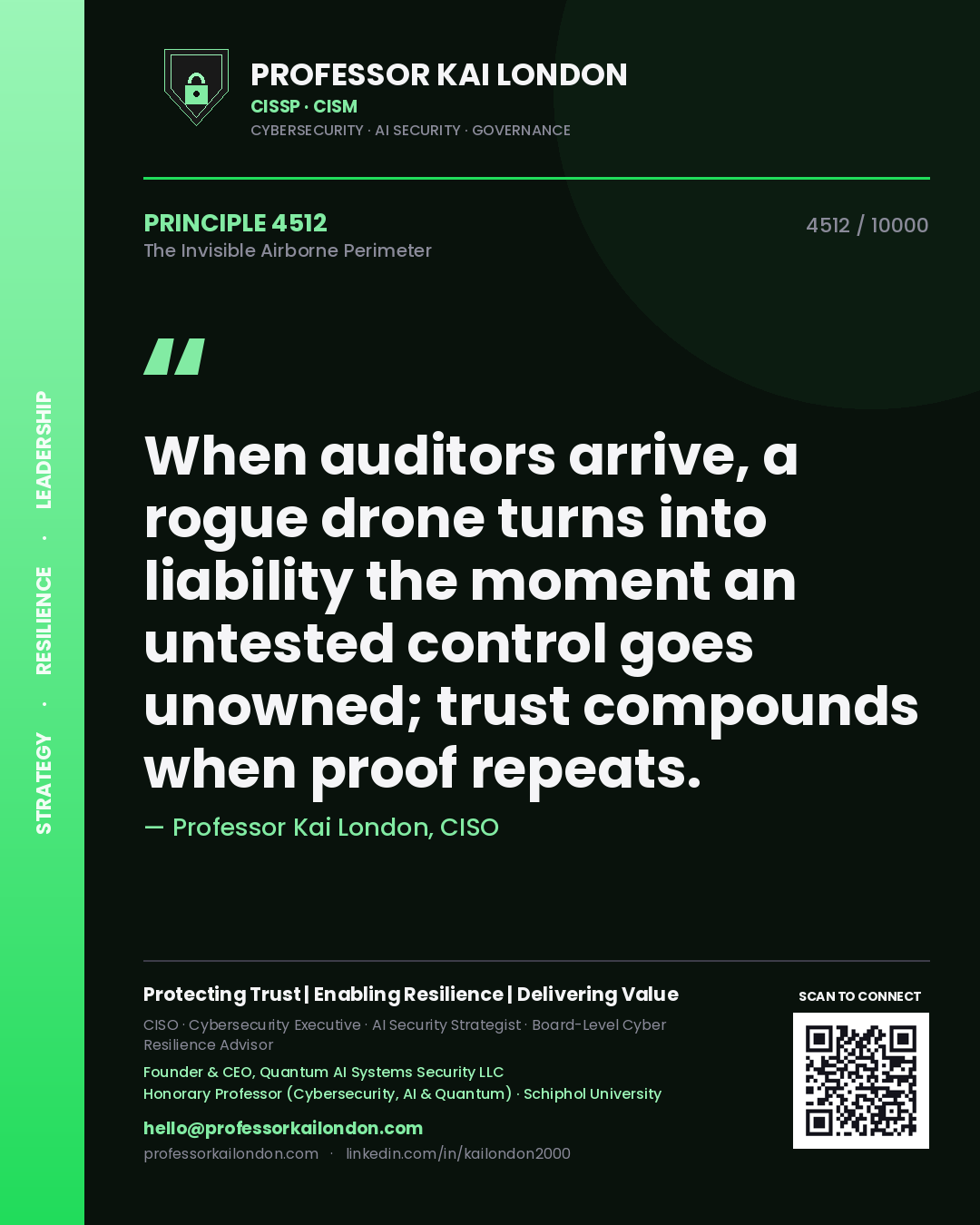 Professor Kai London principle 4512: When auditors arrive, a rogue drone turns into liability the moment an untested control goes unowned; trust compounds when proof repeats.