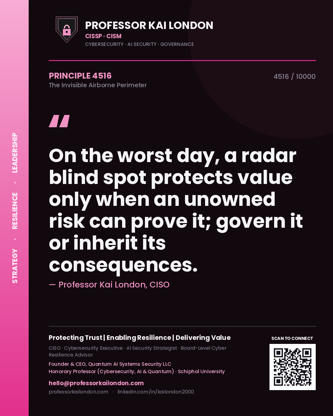 Professor Kai London principle 4516: On the worst day, a radar blind spot protects value only when an unowned risk can prove it; govern it or inherit its consequences.