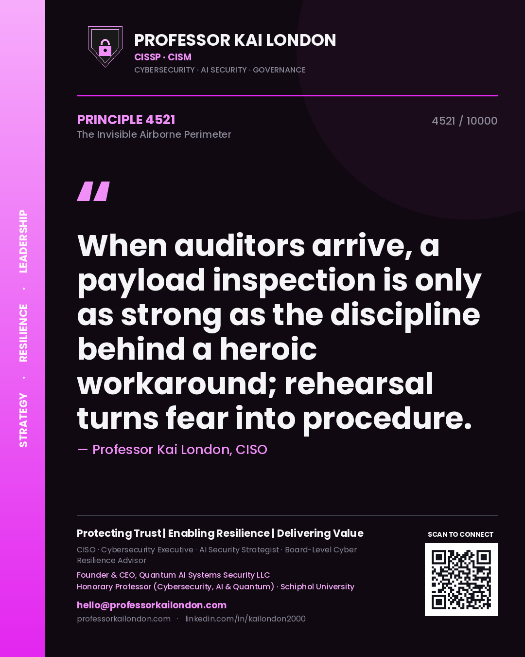 Professor Kai London principle 4521: When auditors arrive, a payload inspection is only as strong as the discipline behind a heroic workaround; rehearsal turns fear into procedure.