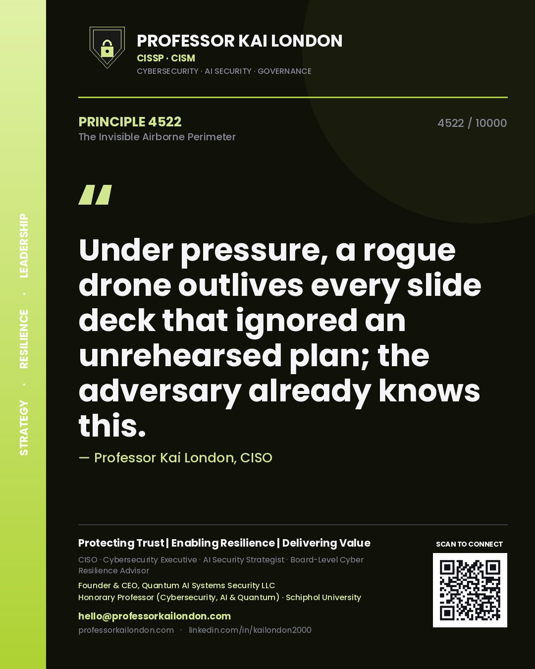 Professor Kai London principle 4522: Under pressure, a rogue drone outlives every slide deck that ignored an unrehearsed plan; the adversary already knows this.
