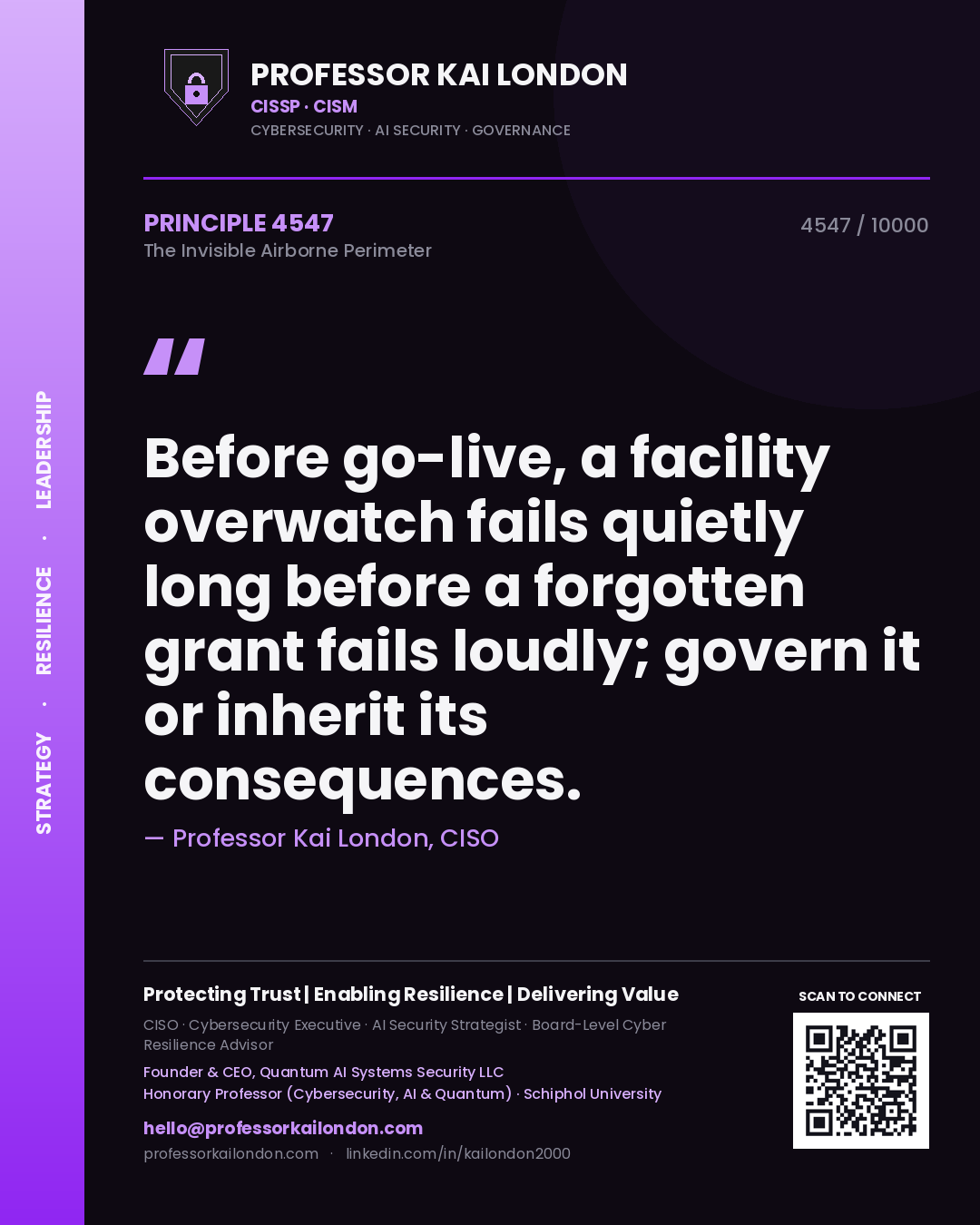 Professor Kai London principle 4547: Before go-live, a facility overwatch fails quietly long before a forgotten grant fails loudly; govern it or inherit its consequences.