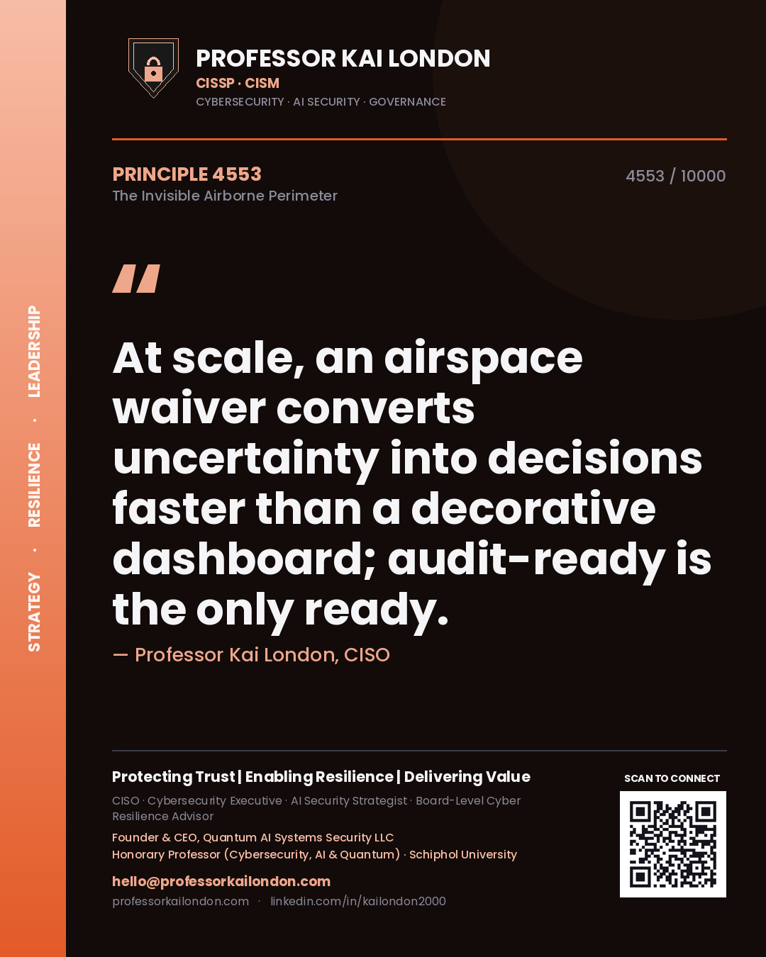 Professor Kai London principle 4553: At scale, an airspace waiver converts uncertainty into decisions faster than a decorative dashboard; audit-ready is the only ready.