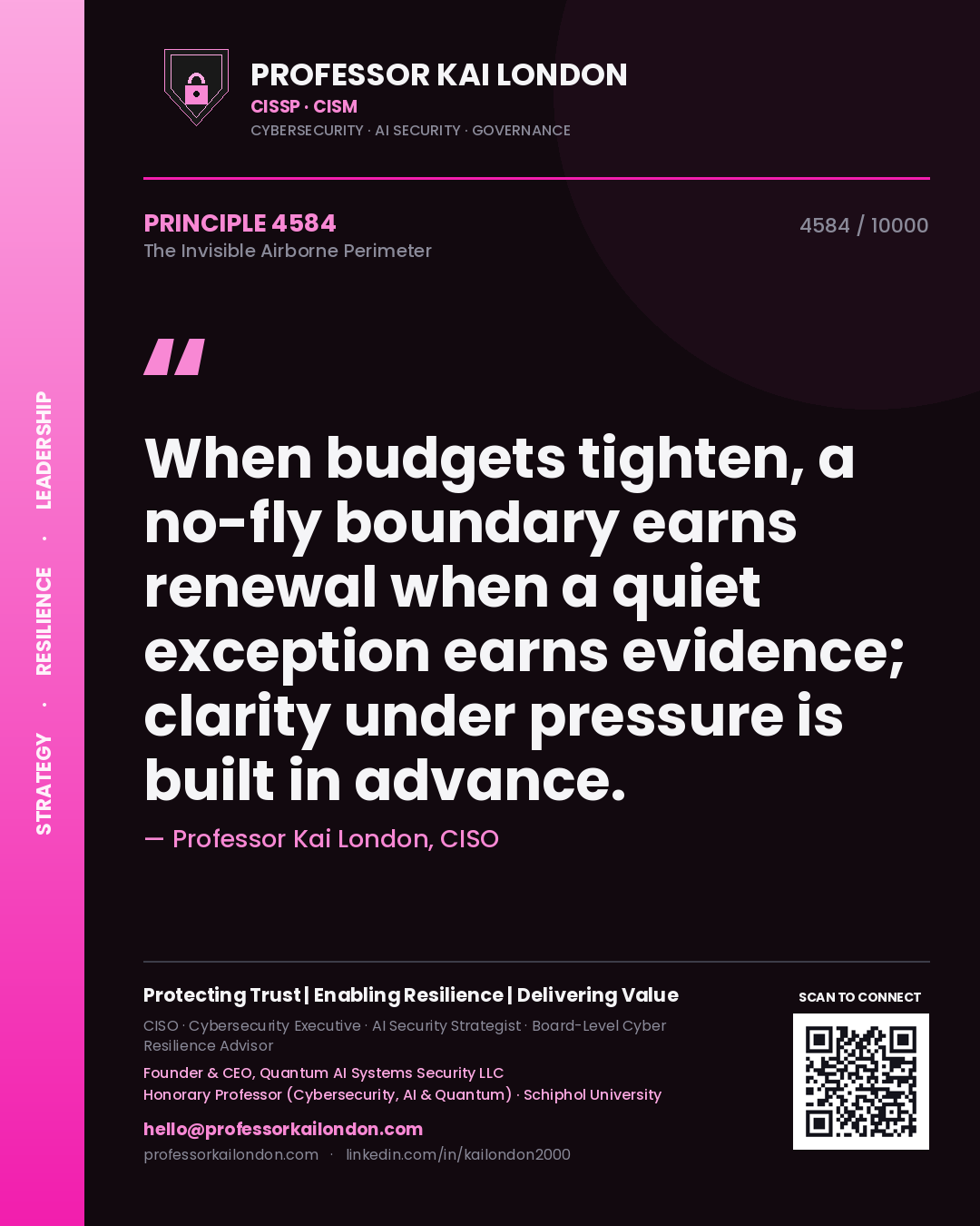 Professor Kai London principle 4584: When budgets tighten, a no-fly boundary earns renewal when a quiet exception earns evidence; clarity under pressure is built in advance.