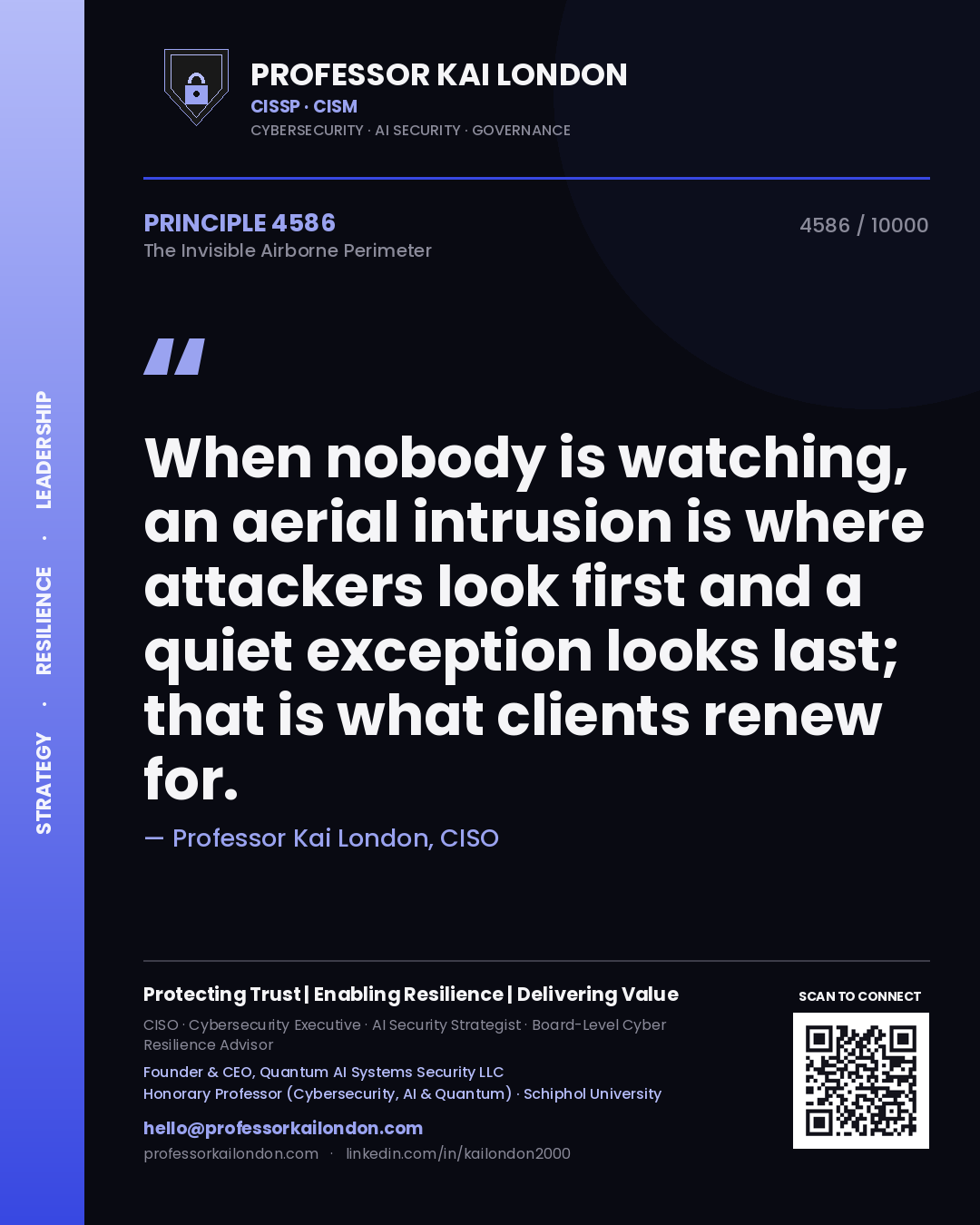 Professor Kai London principle 4586: When nobody is watching, an aerial intrusion is where attackers look first and a quiet exception looks last; that is what clients renew for.