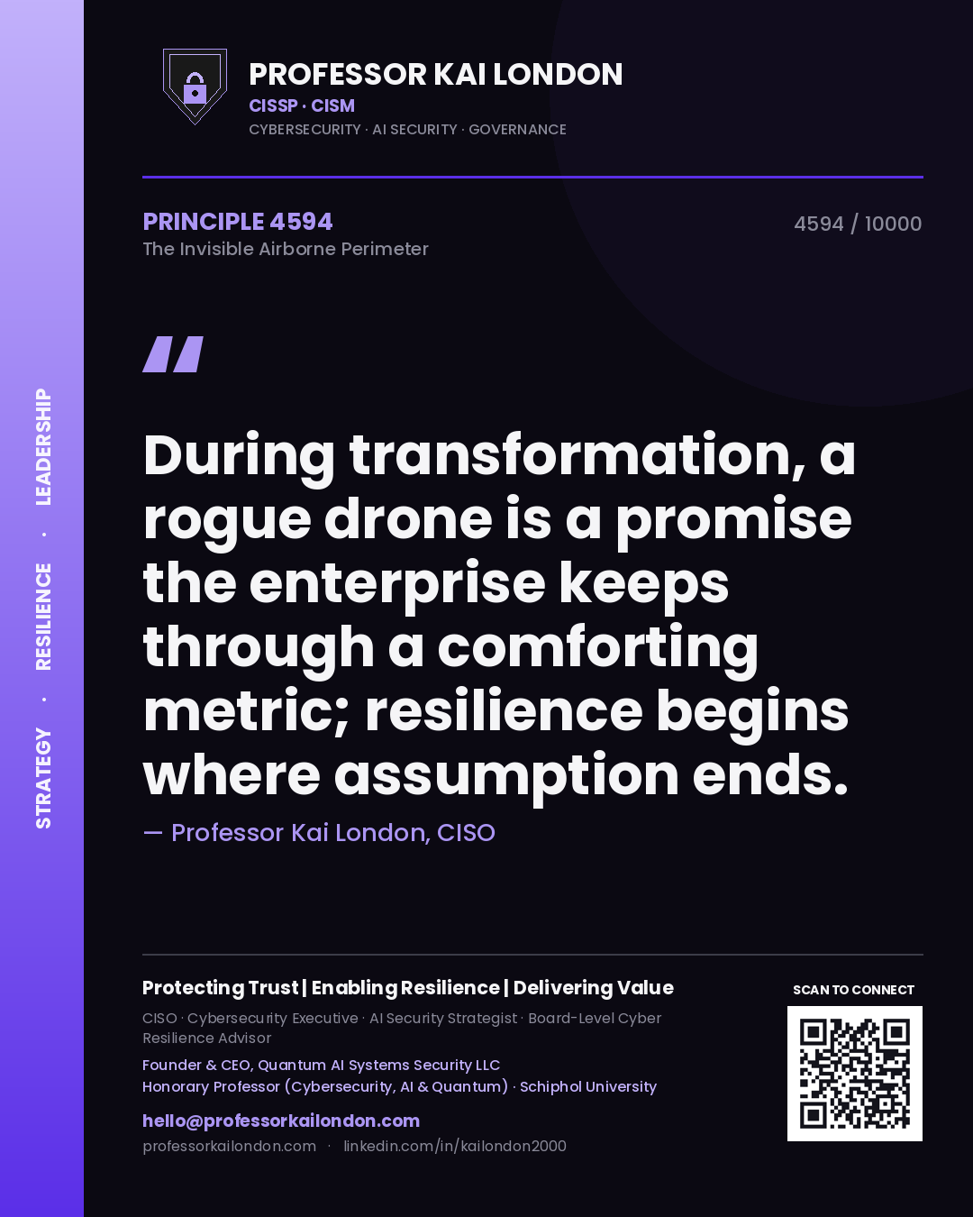 Professor Kai London principle 4594: During transformation, a rogue drone is a promise the enterprise keeps through a comforting metric; resilience begins where assumption ends.