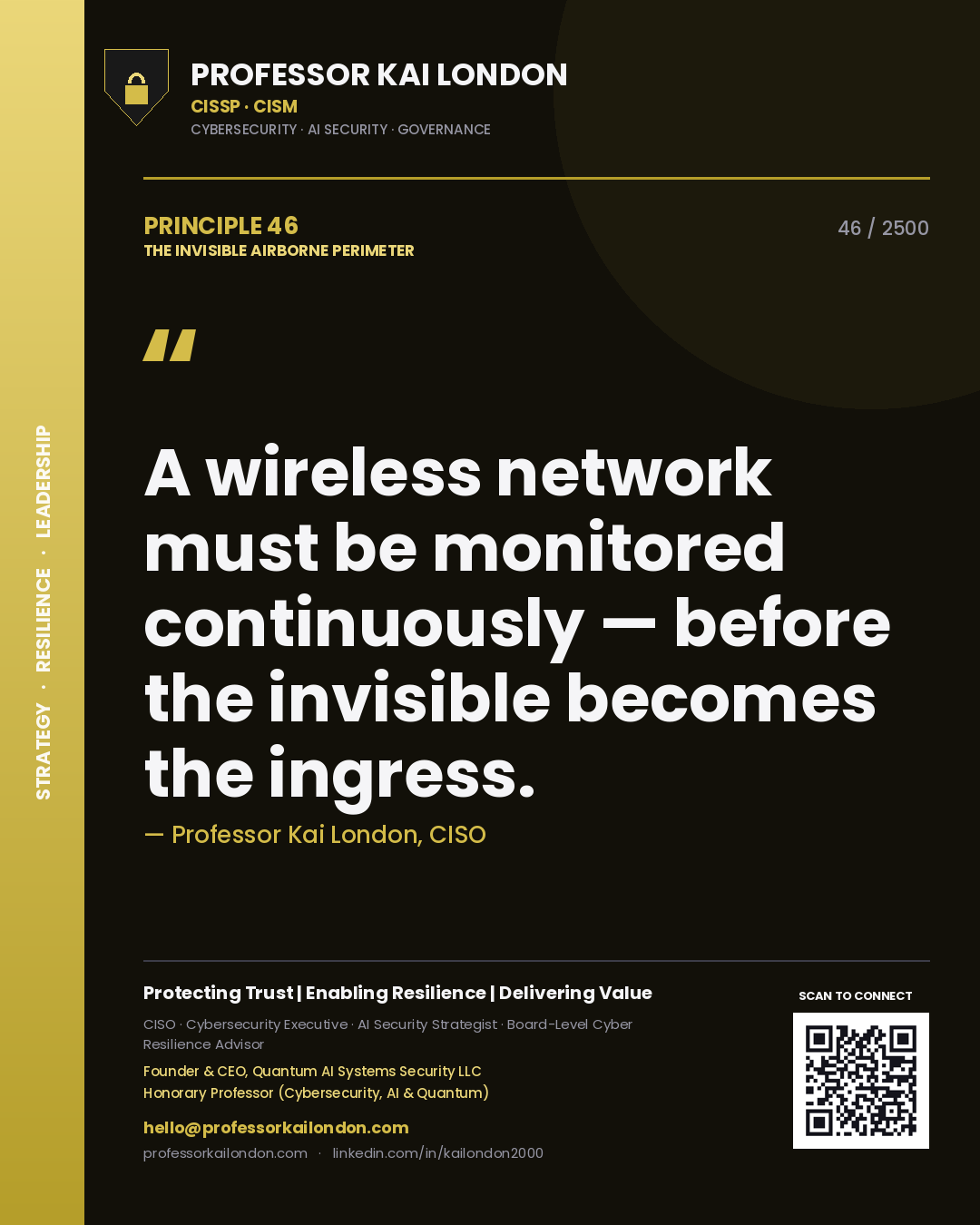 Professor Kai London principle 46: A wireless network must be monitored continuously — before the invisible becomes the ingress.