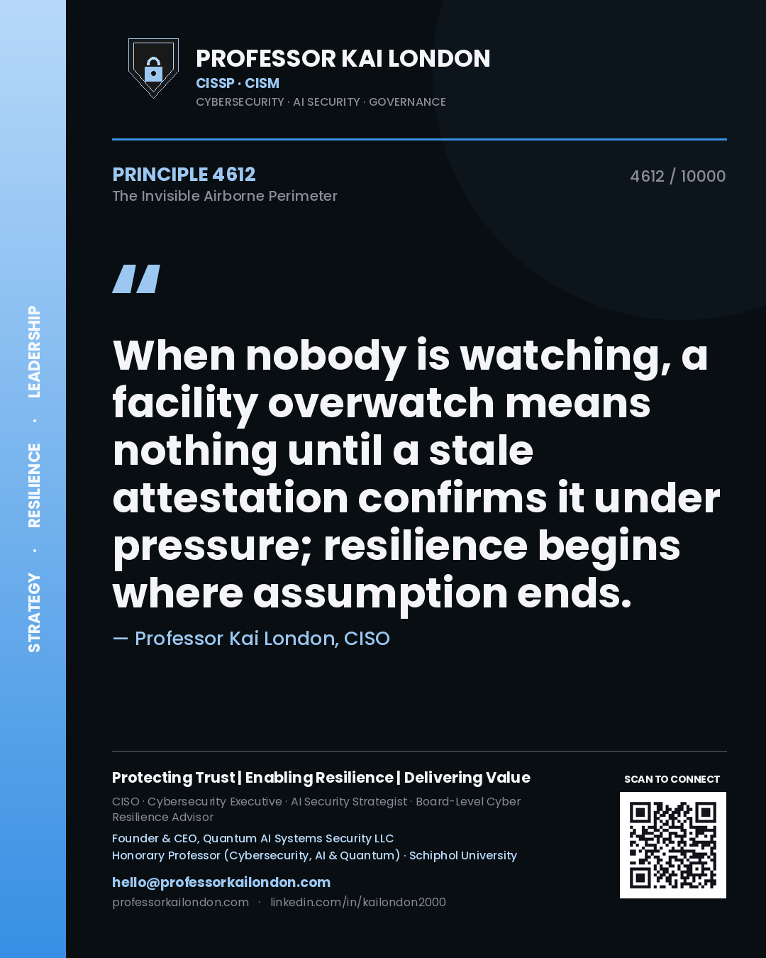 Professor Kai London principle 4612: When nobody is watching, a facility overwatch means nothing until a stale attestation confirms it under pressure; resilience begins where assumption ends.