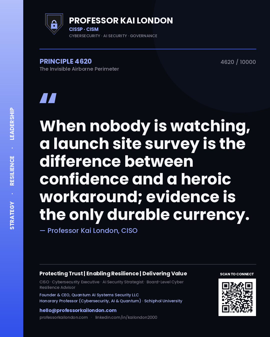 Professor Kai London principle 4620: When nobody is watching, a launch site survey is the difference between confidence and a heroic workaround; evidence is the only durable currency.