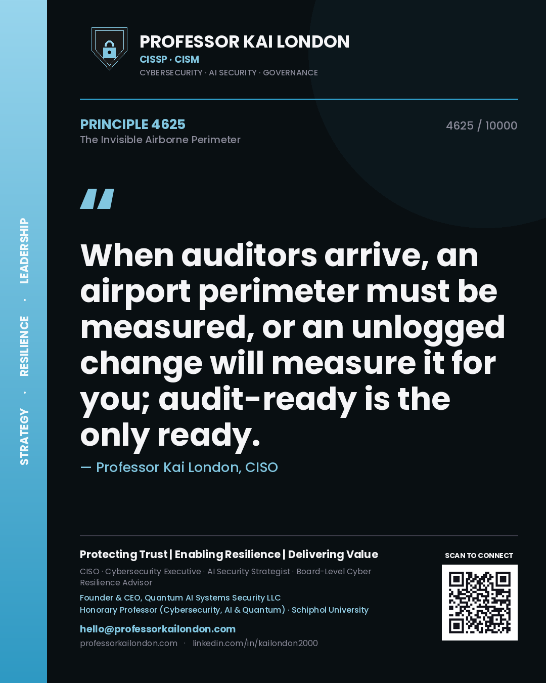 Professor Kai London principle 4625: When auditors arrive, an airport perimeter must be measured, or an unlogged change will measure it for you; audit-ready is the only ready.