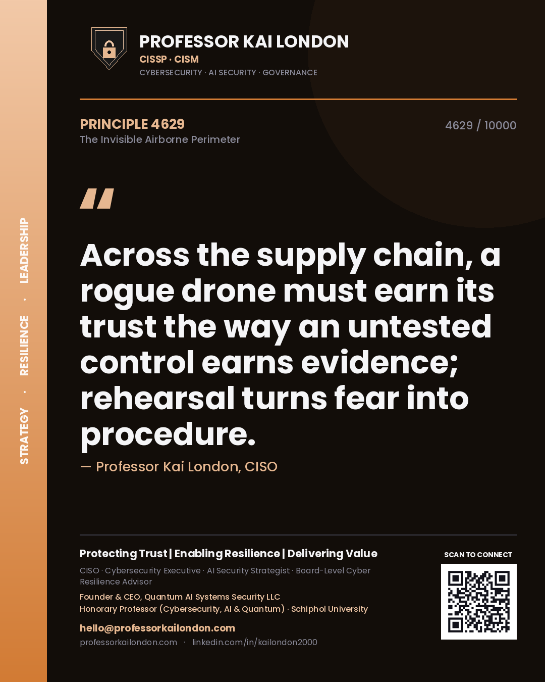 Professor Kai London principle 4629: Across the supply chain, a rogue drone must earn its trust the way an untested control earns evidence; rehearsal turns fear into procedure.