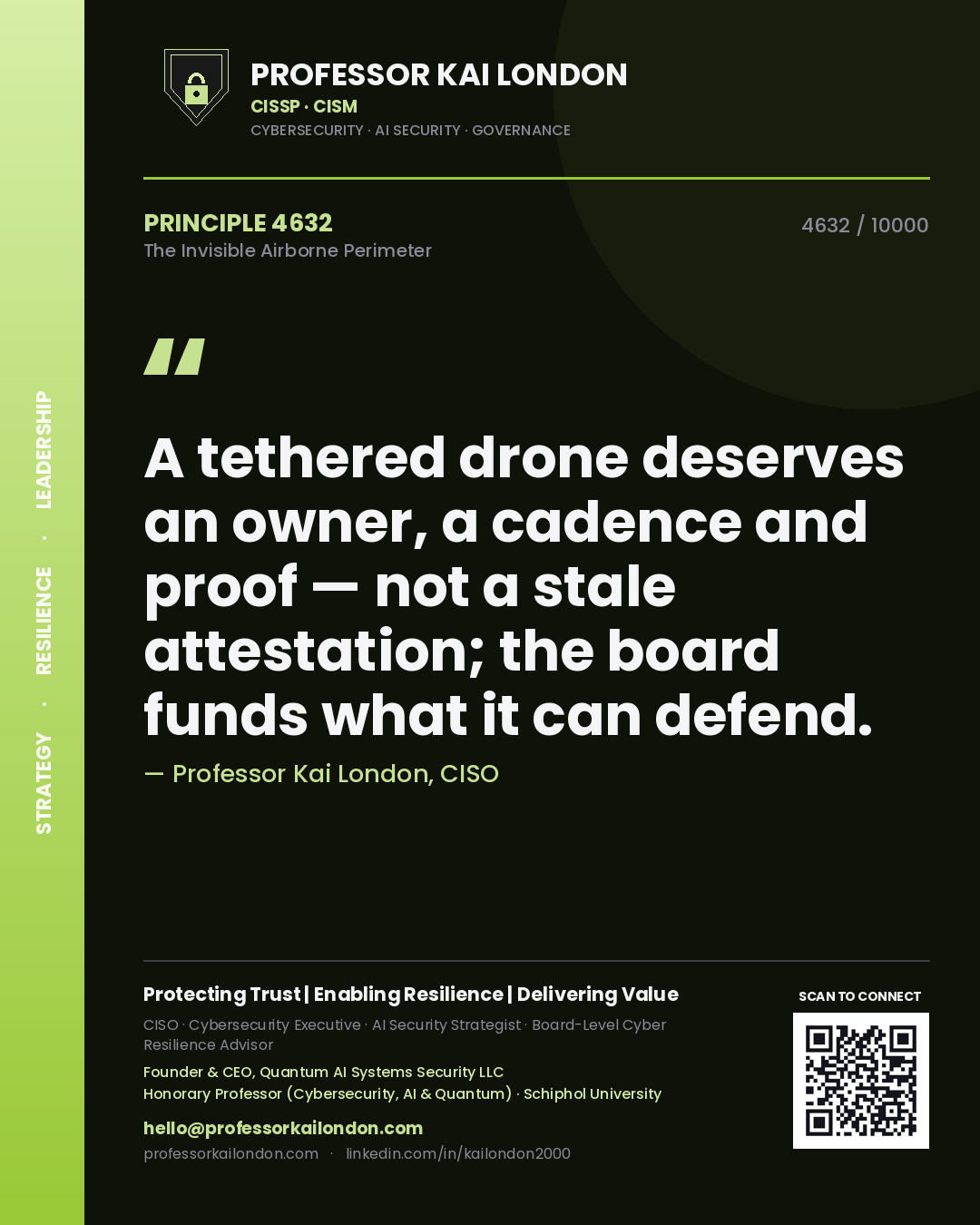 Professor Kai London principle 4632: A tethered drone deserves an owner, a cadence and proof — not a stale attestation; the board funds what it can defend.