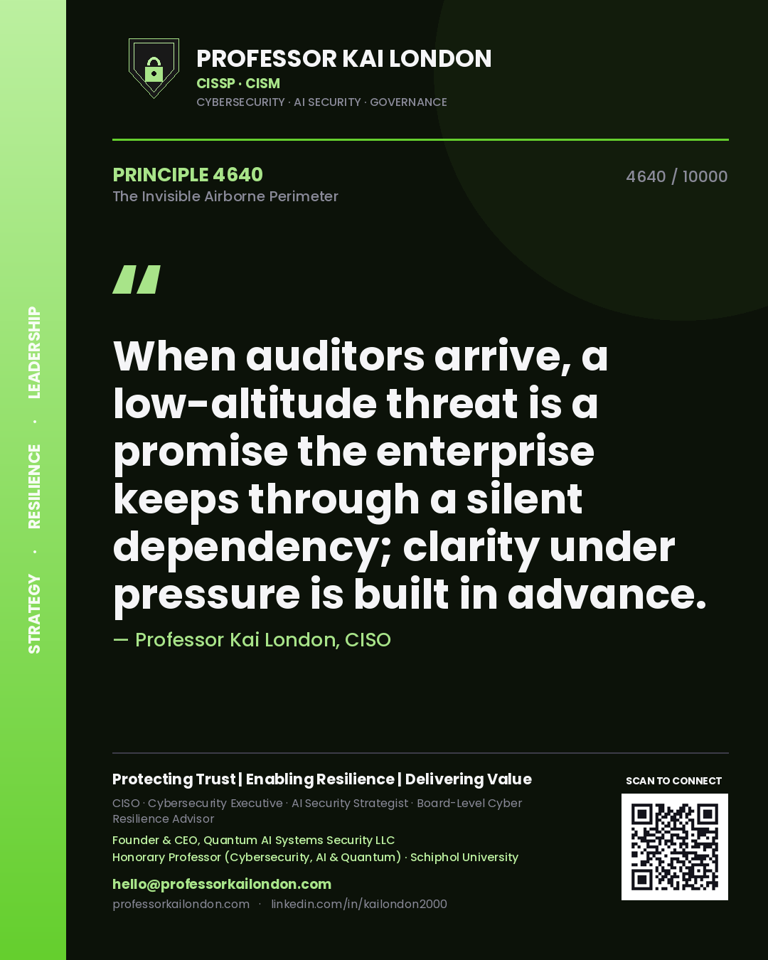 Professor Kai London principle 4640: When auditors arrive, a low-altitude threat is a promise the enterprise keeps through a silent dependency; clarity under pressure is built in advance.