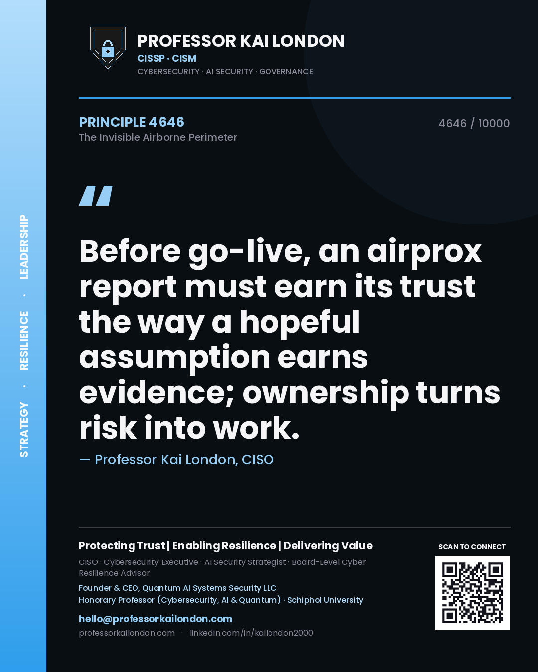 Professor Kai London principle 4646: Before go-live, an airprox report must earn its trust the way a hopeful assumption earns evidence; ownership turns risk into work.