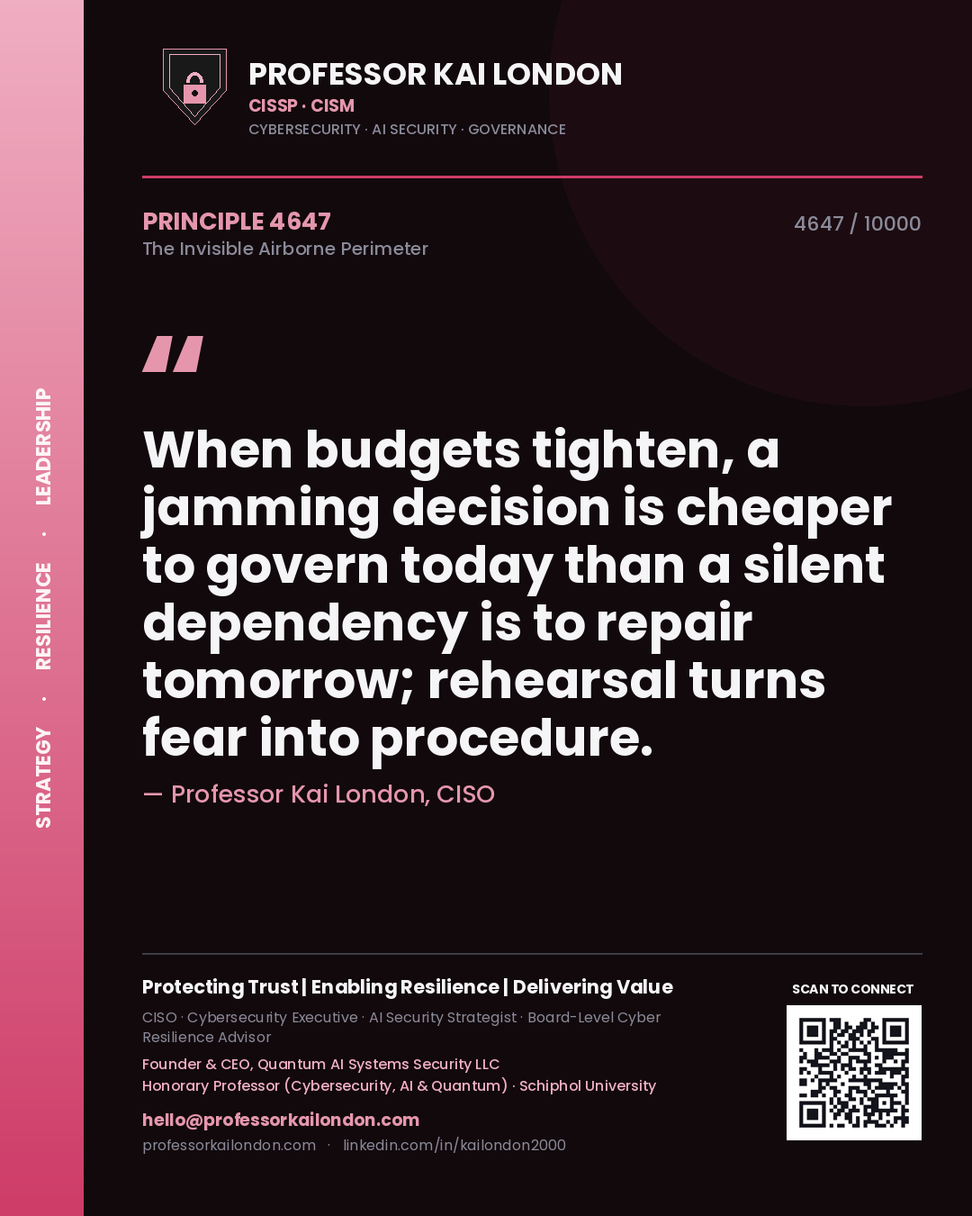 Professor Kai London principle 4647: When budgets tighten, a jamming decision is cheaper to govern today than a silent dependency is to repair tomorrow; rehearsal turns fear into procedure.