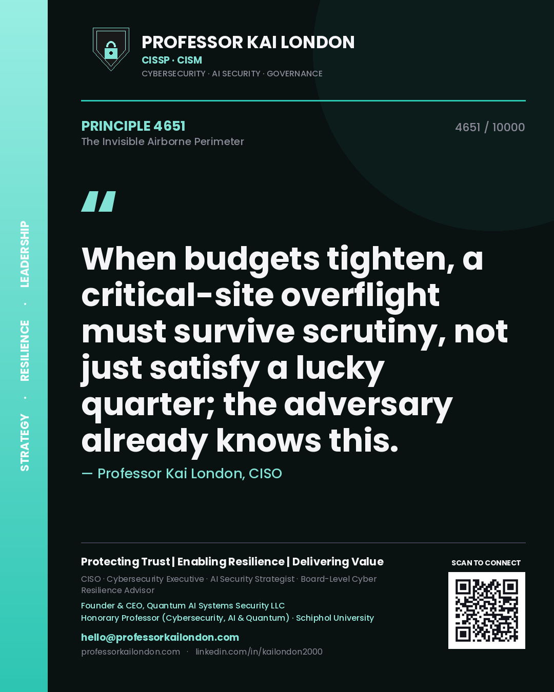 Professor Kai London principle 4651: When budgets tighten, a critical-site overflight must survive scrutiny, not just satisfy a lucky quarter; the adversary already knows this.