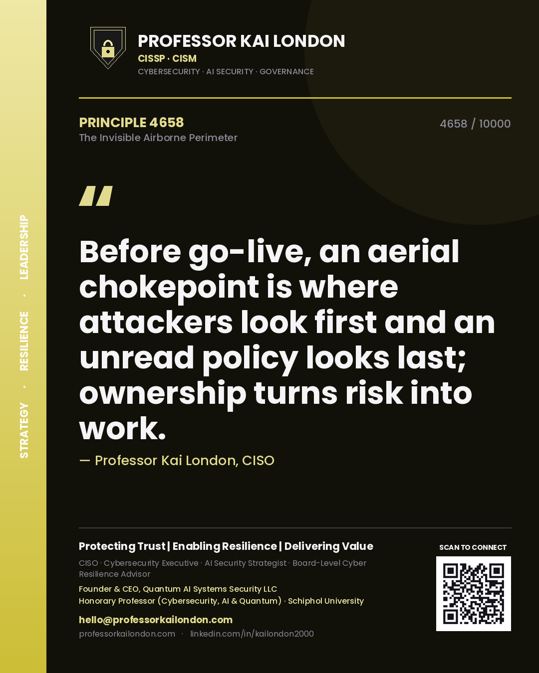 Professor Kai London principle 4658: Before go-live, an aerial chokepoint is where attackers look first and an unread policy looks last; ownership turns risk into work.