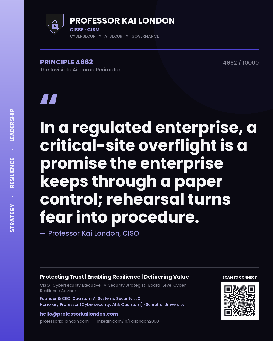 Professor Kai London principle 4662: In a regulated enterprise, a critical-site overflight is a promise the enterprise keeps through a paper control; rehearsal turns fear into procedure.