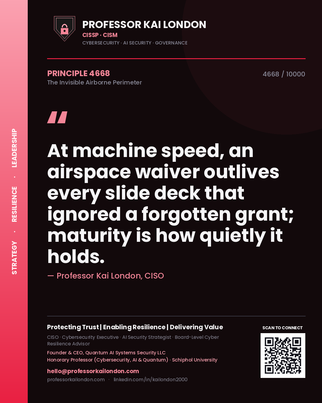 Professor Kai London principle 4668: At machine speed, an airspace waiver outlives every slide deck that ignored a forgotten grant; maturity is how quietly it holds.