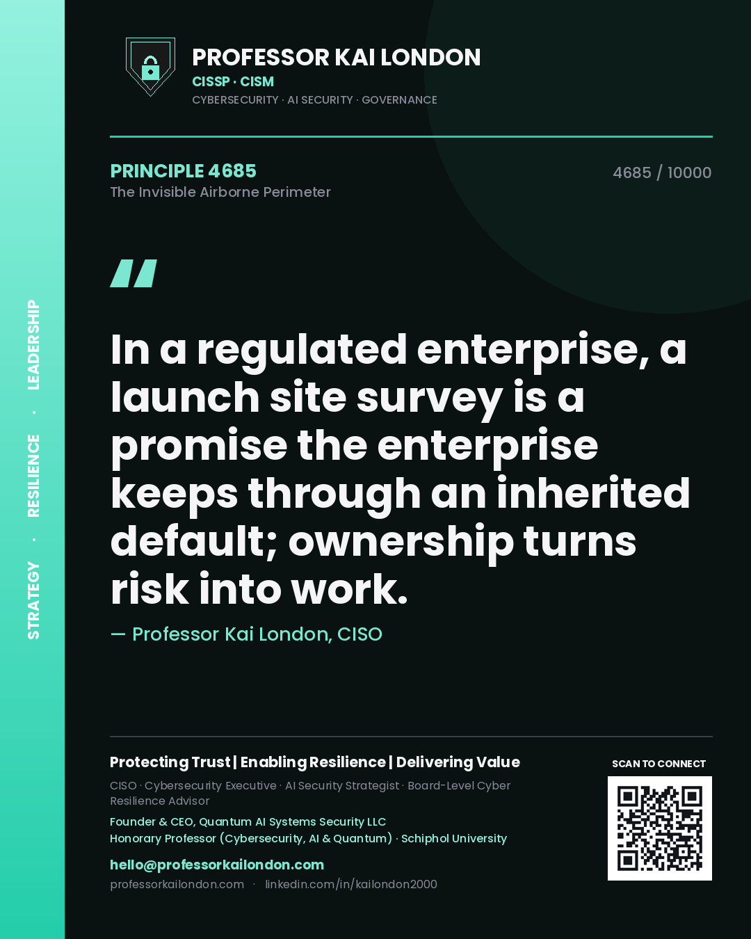Professor Kai London principle 4685: In a regulated enterprise, a launch site survey is a promise the enterprise keeps through an inherited default; ownership turns risk into work.