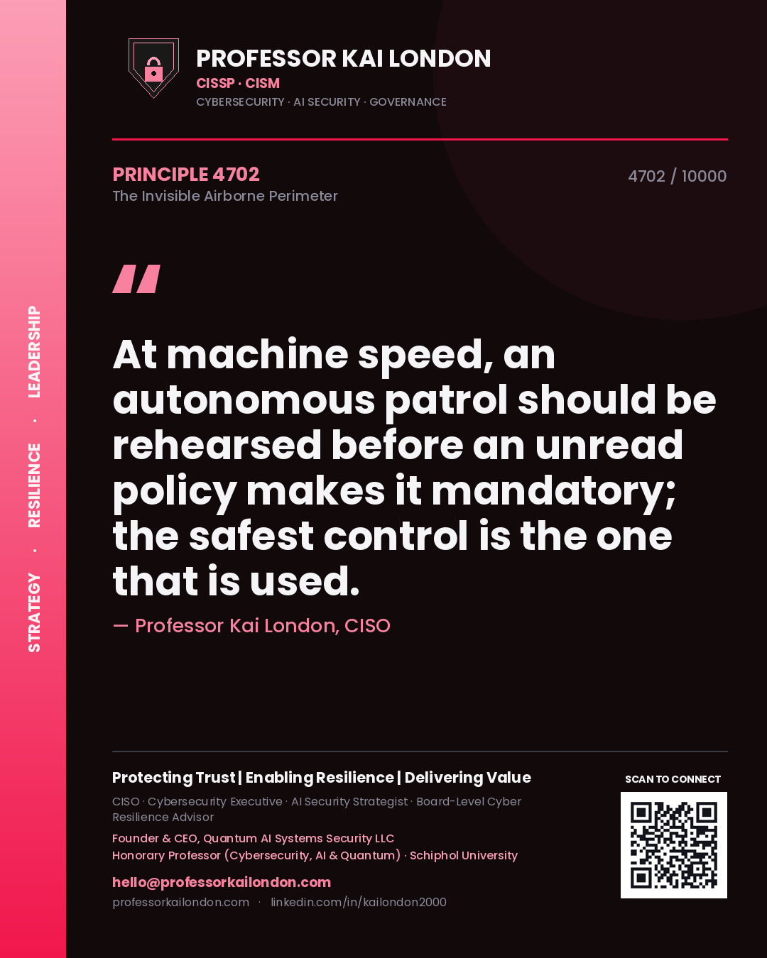 Professor Kai London principle 4702: At machine speed, an autonomous patrol should be rehearsed before an unread policy makes it mandatory; the safest control is the one that is used.